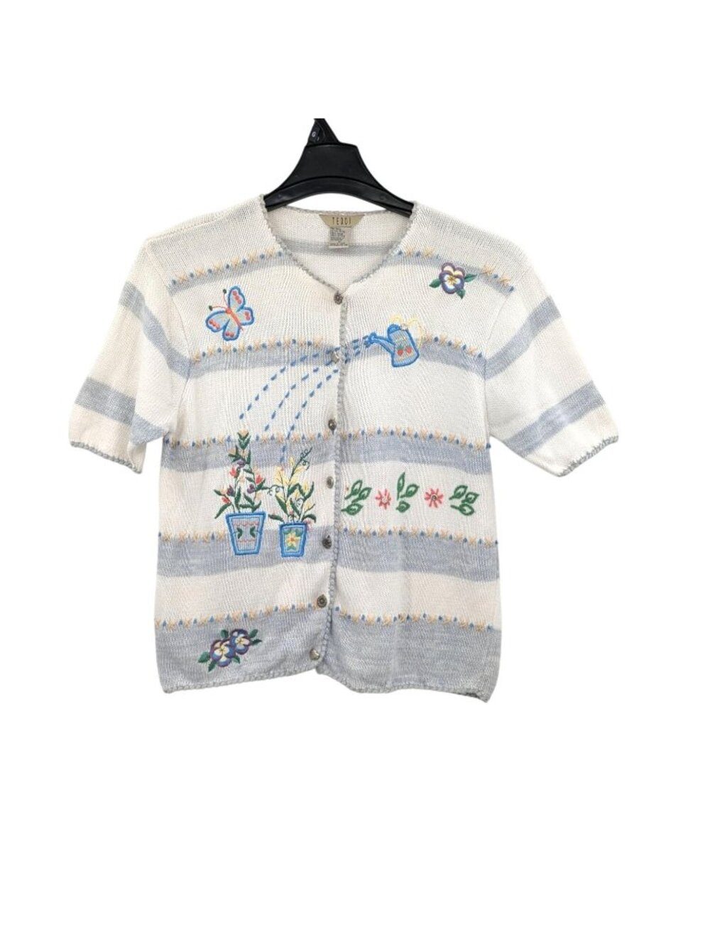 Vtg Teddi Embroidered Cardigan Button Up Cottage Whimsical Short Sleeve Medium